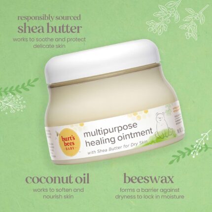 A white tub of Burt's Bees Baby 100% Natural Origin Multipurpose Healing Ointment with a yellow label.