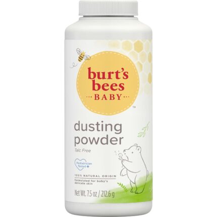 A white bottle of Burt's Bees Baby Dusting Powder with a yellow label and a picture of a baby.
