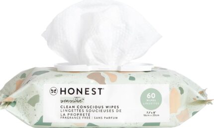 Image of a pack of 60-count unscented plant-based baby wipes with a Geo Mood pattern and a flip-top lid.