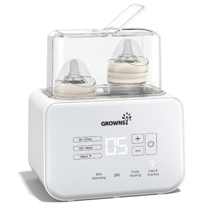 White GROWNSY Fast Double Baby Bottle Warmer with two bottles inside, showing its compact design.