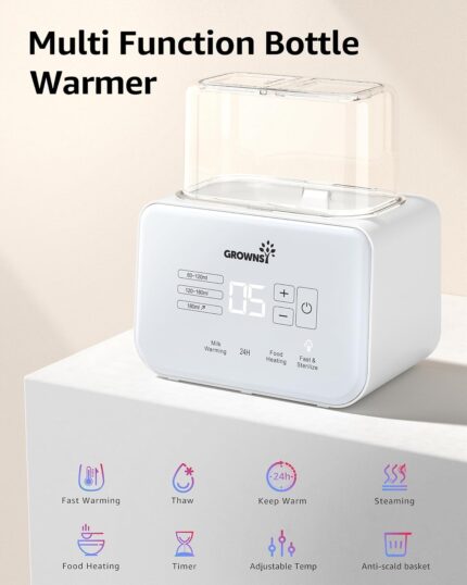 White GROWNSY Fast Double Baby Bottle Warmer with two bottles inside, showing its compact design.