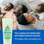 Close-up of a bottle of creamy baby oil with aloe and vitamin E, designed for moisturizing delicate skin.