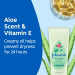Close-up of a bottle of creamy baby oil with aloe and vitamin E, designed for moisturizing delicate skin.