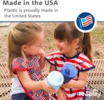 Four Re-Play spill-proof sippy cups in aqua, lime, yellow, and teal with lids and silicone valves.