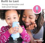 Four Re-Play spill-proof sippy cups in aqua, lime, yellow, and teal with lids and silicone valves.