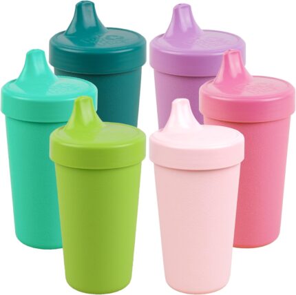 Set of six Re-Play 10 oz spill-proof sippy cups in various pastel Fairytale colors, with lids and straws.