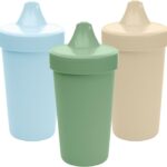 Three Re-Play spill-proof sippy cups in Beach Baby colors, with lids and silicone valves, on a plain background.