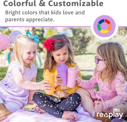Three Re-Play spill-proof sippy cups in Beach Baby colors, with lids and silicone valves, on a plain background.