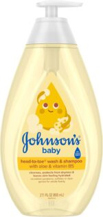 Large bottle of tear-free head-to-toe baby wash and shampoo with a gentle scent, suitable for all hair types.