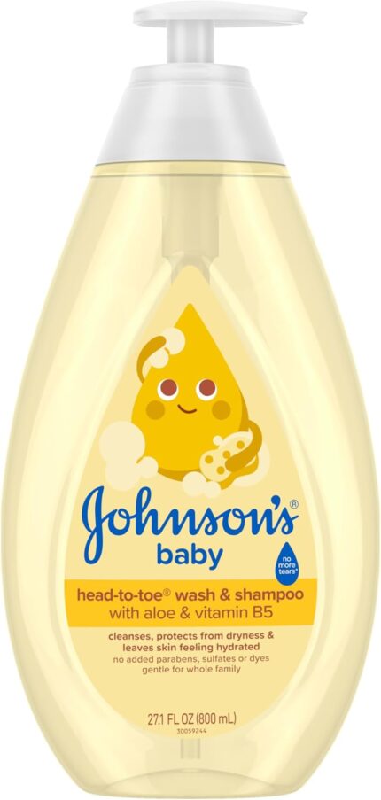 Large bottle of tear-free head-to-toe baby wash and shampoo with a gentle scent, suitable for all hair types.