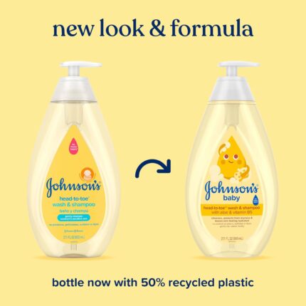 Large bottle of tear-free head-to-toe baby wash and shampoo with a gentle scent, suitable for all hair types.
